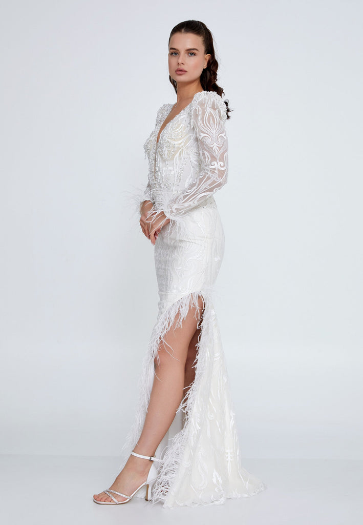 Embroidered Long-Sleeve Feather-Trim Gown – Deep V-Neck, Beaded Detailing & High-Slit Flowing Silhouette