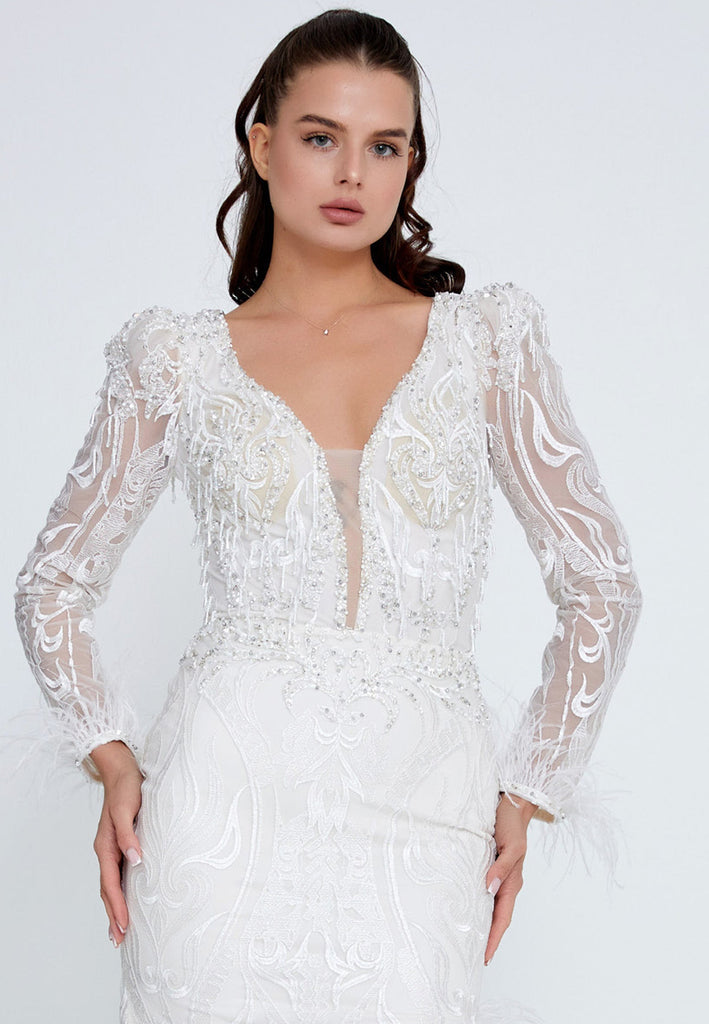 Embroidered Long-Sleeve Feather-Trim Gown – Deep V-Neck, Beaded Detailing & High-Slit Flowing Silhouette