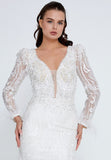 Embroidered Long-Sleeve Feather-Trim Gown – Deep V-Neck, Beaded Detailing & High-Slit Flowing Silhouette