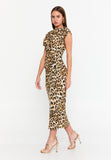 Asymmetric Bardot Ruched Midi Dress (Leopard) – High Waist, Tulip Wrap Hem & Photo-Ready Attitude