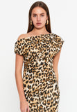 Asymmetric Bardot Ruched Midi Dress (Leopard) – High Waist, Tulip Wrap Hem & Photo-Ready Attitude