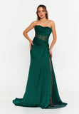 Strapless Draped Corset Mermaid Gown – Sheer Mesh Waist Panel × High Slit Train × Sculpted Elegance