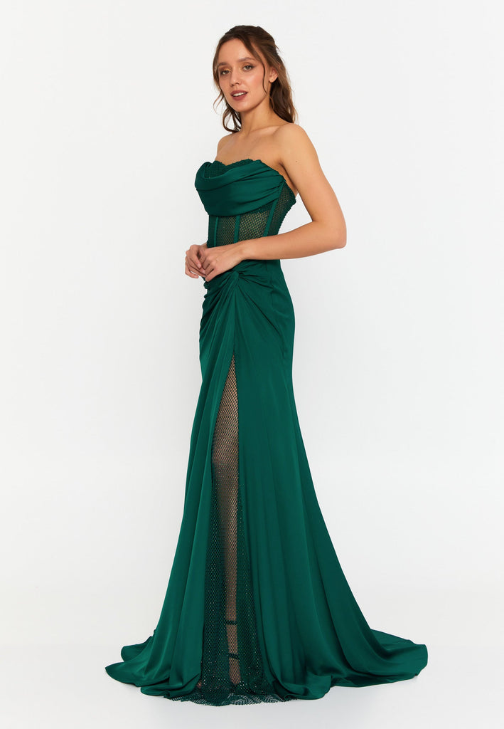 Strapless Draped Corset Mermaid Gown – Sheer Mesh Waist Panel × High Slit Train × Sculpted Elegance