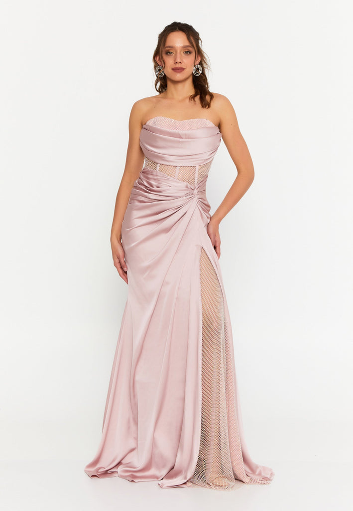 Strapless Draped Corset Mermaid Gown – Sheer Mesh Waist Panel × High Slit Train × Sculpted Elegance