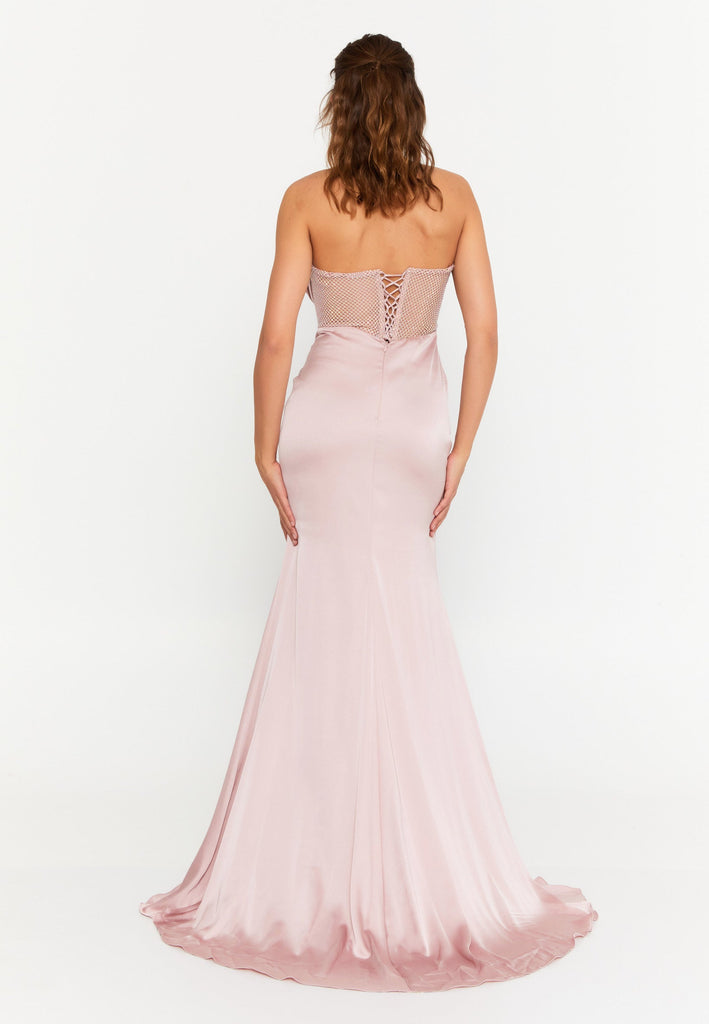 Strapless Draped Corset Mermaid Gown – Sheer Mesh Waist Panel × High Slit Train × Sculpted Elegance