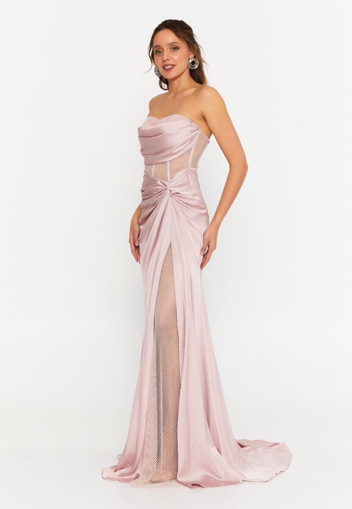 Strapless Draped Corset Mermaid Gown – Sheer Mesh Waist Panel × High Slit Train × Sculpted Elegance