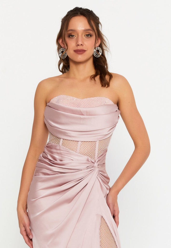 Strapless Draped Corset Mermaid Gown – Sheer Mesh Waist Panel × High Slit Train × Sculpted Elegance