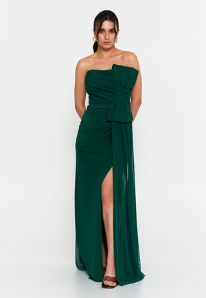 Asymmetric One-Shoulder Gown with Draped Bow & Front Slit – Structured Waistline and Flowing Silhouette