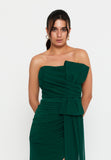 Asymmetric One-Shoulder Gown with Draped Bow & Front Slit – Structured Waistline and Flowing Silhouette