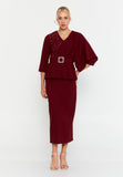 Asymmetric Draped-Sleeve V-Neck Dress – Crystal-Stud Panel, Jeweled Square-Buckle Belt & Peplum Waist over Sleek Column Skirt