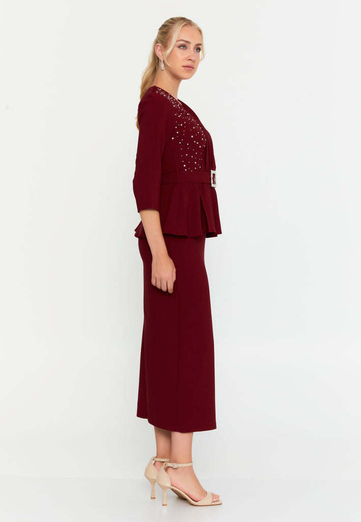 Asymmetric Draped-Sleeve V-Neck Dress – Crystal-Stud Panel, Jeweled Square-Buckle Belt & Peplum Waist over Sleek Column Skirt