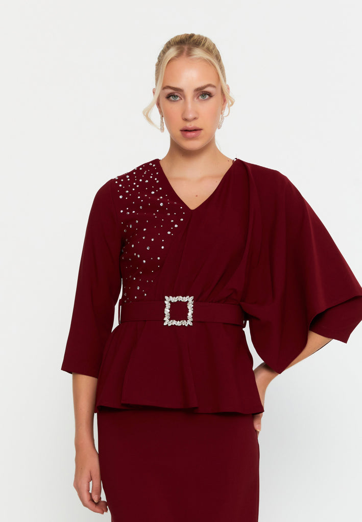 Asymmetric Draped-Sleeve V-Neck Dress – Crystal-Stud Panel, Jeweled Square-Buckle Belt & Peplum Waist over Sleek Column Skirt