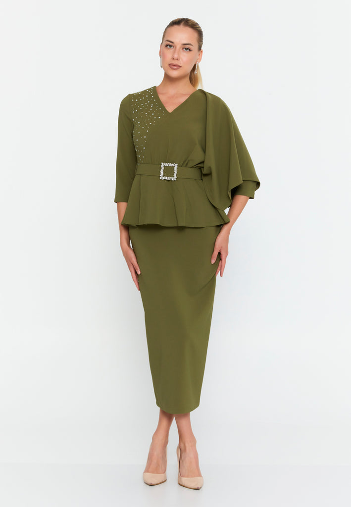 Asymmetric Draped-Sleeve V-Neck Dress – Crystal-Stud Panel, Jeweled Square-Buckle Belt & Peplum Waist over Sleek Column Skirt