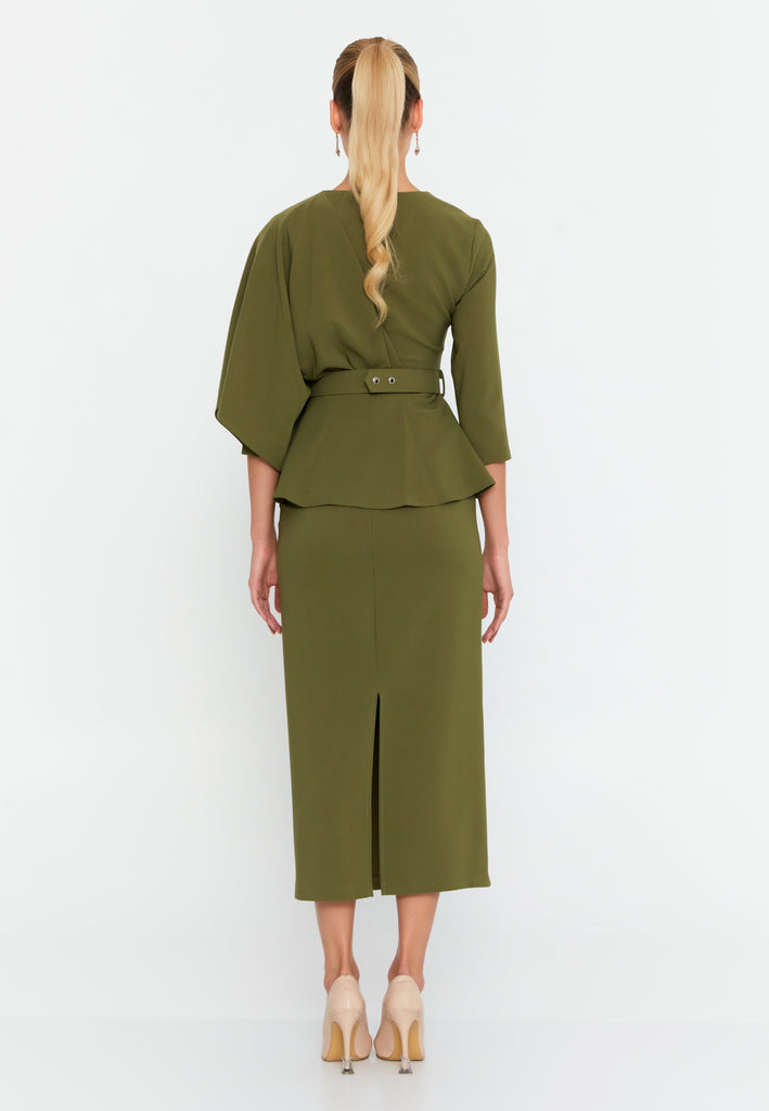 Asymmetric Draped-Sleeve V-Neck Dress – Crystal-Stud Panel, Jeweled Square-Buckle Belt & Peplum Waist over Sleek Column Skirt