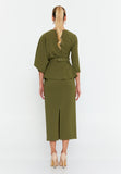 Asymmetric Draped-Sleeve V-Neck Dress – Crystal-Stud Panel, Jeweled Square-Buckle Belt & Peplum Waist over Sleek Column Skirt