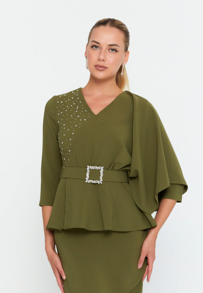 Asymmetric Draped-Sleeve V-Neck Dress – Crystal-Stud Panel, Jeweled Square-Buckle Belt & Peplum Waist over Sleek Column Skirt