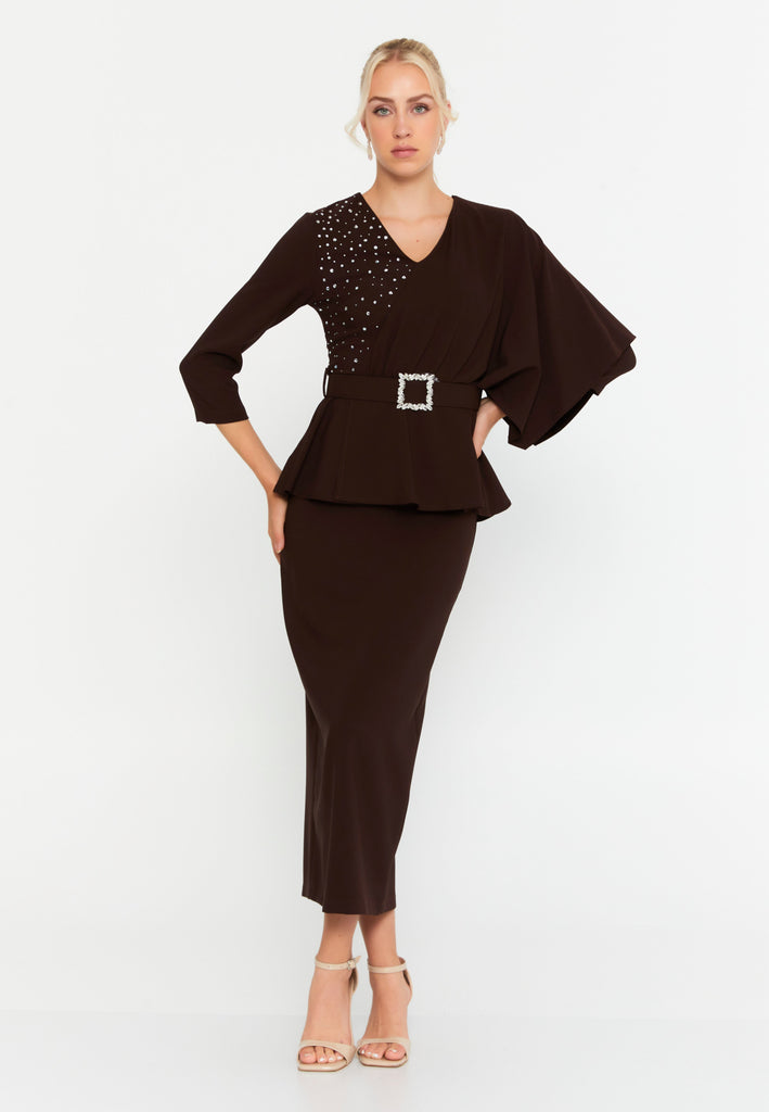 Asymmetric Draped-Sleeve V-Neck Dress – Crystal-Stud Panel, Jeweled Square-Buckle Belt & Peplum Waist over Sleek Column Skirt