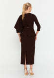 Asymmetric Draped-Sleeve V-Neck Dress – Crystal-Stud Panel, Jeweled Square-Buckle Belt & Peplum Waist over Sleek Column Skirt