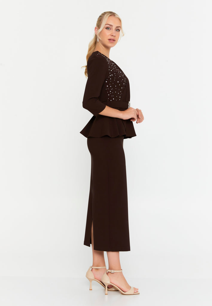 Asymmetric Draped-Sleeve V-Neck Dress – Crystal-Stud Panel, Jeweled Square-Buckle Belt & Peplum Waist over Sleek Column Skirt