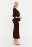 Asymmetric Draped-Sleeve V-Neck Dress – Crystal-Stud Panel, Jeweled Square-Buckle Belt & Peplum Waist over Sleek Column Skirt
