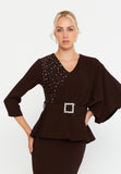 Asymmetric Draped-Sleeve V-Neck Dress – Crystal-Stud Panel, Jeweled Square-Buckle Belt & Peplum Waist over Sleek Column Skirt
