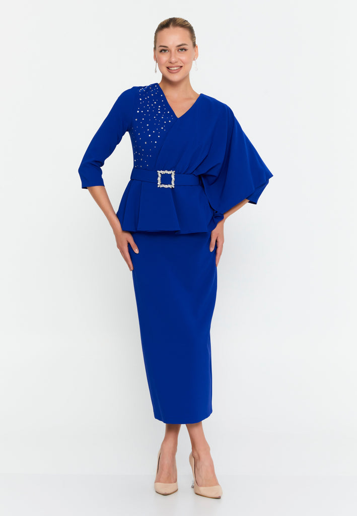 Asymmetric Draped-Sleeve V-Neck Dress – Crystal-Stud Panel, Jeweled Square-Buckle Belt & Peplum Waist over Sleek Column Skirt