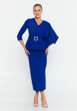 Asymmetric Draped-Sleeve V-Neck Dress – Crystal-Stud Panel, Jeweled Square-Buckle Belt & Peplum Waist over Sleek Column Skirt