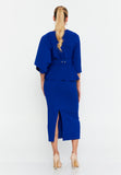 Asymmetric Draped-Sleeve V-Neck Dress – Crystal-Stud Panel, Jeweled Square-Buckle Belt & Peplum Waist over Sleek Column Skirt
