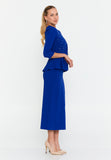 Asymmetric Draped-Sleeve V-Neck Dress – Crystal-Stud Panel, Jeweled Square-Buckle Belt & Peplum Waist over Sleek Column Skirt