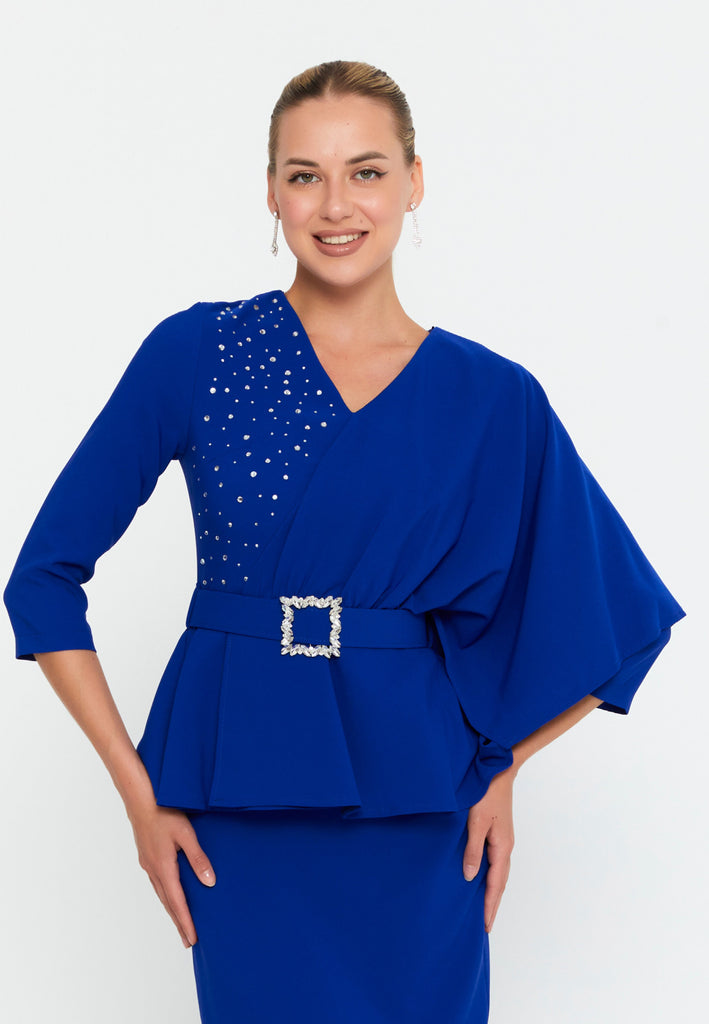 Asymmetric Draped-Sleeve V-Neck Dress – Crystal-Stud Panel, Jeweled Square-Buckle Belt & Peplum Waist over Sleek Column Skirt