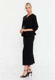 Asymmetric Draped-Sleeve V-Neck Dress – Crystal-Stud Panel, Jeweled Square-Buckle Belt & Peplum Waist over Sleek Column Skirt