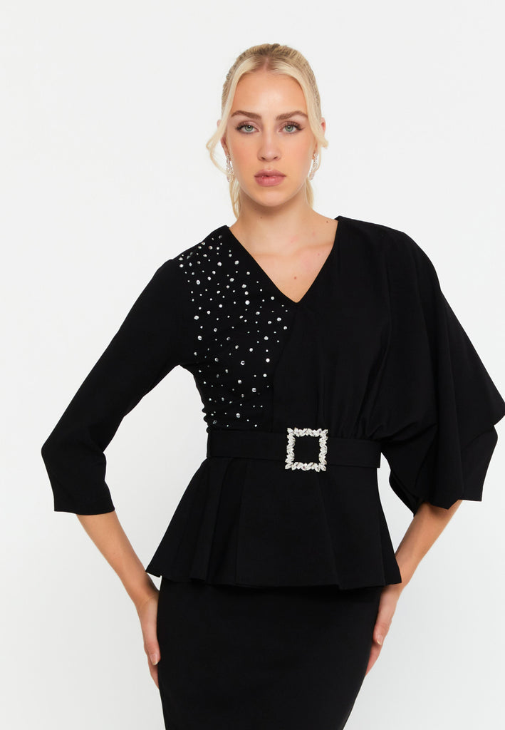 Asymmetric Draped-Sleeve V-Neck Dress – Crystal-Stud Panel, Jeweled Square-Buckle Belt & Peplum Waist over Sleek Column Skirt