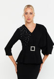 Asymmetric Draped-Sleeve V-Neck Dress – Crystal-Stud Panel, Jeweled Square-Buckle Belt & Peplum Waist over Sleek Column Skirt