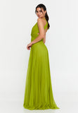 Flowing Chiffon Pleated Maxi Gown – Deep V Neck, High Waist Design & Airy Draped Silhouette