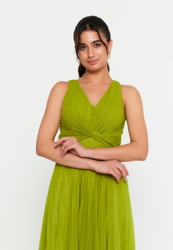 Flowing Chiffon Pleated Maxi Gown – Deep V Neck, High Waist Design & Airy Draped Silhouette