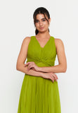 Flowing Chiffon Pleated Maxi Gown – Deep V Neck, High Waist Design & Airy Draped Silhouette