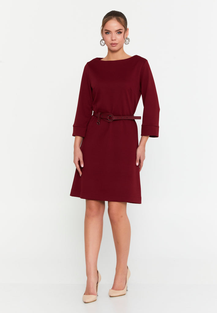 Bateau-Neck Belted A-Line Dress – 3/4 Cuffed Sleeves, Minimal Hardware Waist Belt & Effortless Office-to-After Hours Chic