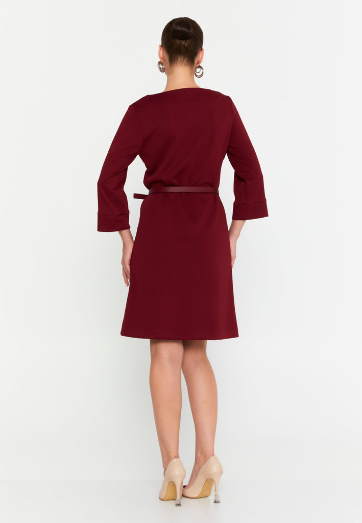 Bateau-Neck Belted A-Line Dress – 3/4 Cuffed Sleeves, Minimal Hardware Waist Belt & Effortless Office-to-After Hours Chic