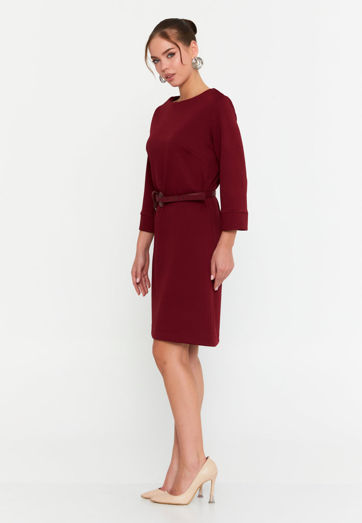 Bateau-Neck Belted A-Line Dress – 3/4 Cuffed Sleeves, Minimal Hardware Waist Belt & Effortless Office-to-After Hours Chic