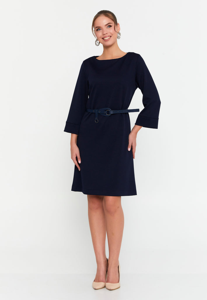 Bateau-Neck Belted A-Line Dress – 3/4 Cuffed Sleeves, Minimal Hardware Waist Belt & Effortless Office-to-After Hours Chic