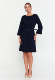 Bateau-Neck Belted A-Line Dress – 3/4 Cuffed Sleeves, Minimal Hardware Waist Belt & Effortless Office-to-After Hours Chic