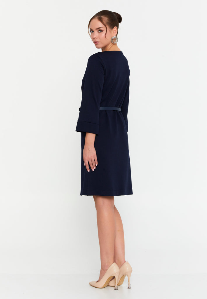 Bateau-Neck Belted A-Line Dress – 3/4 Cuffed Sleeves, Minimal Hardware Waist Belt & Effortless Office-to-After Hours Chic