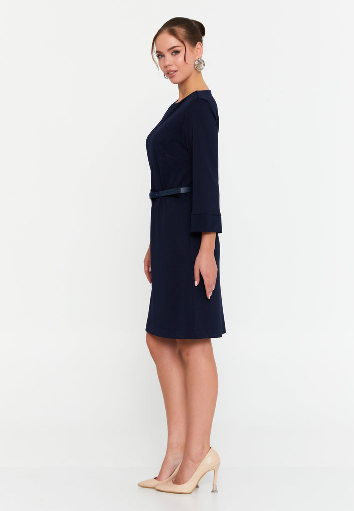 Bateau-Neck Belted A-Line Dress – 3/4 Cuffed Sleeves, Minimal Hardware Waist Belt & Effortless Office-to-After Hours Chic