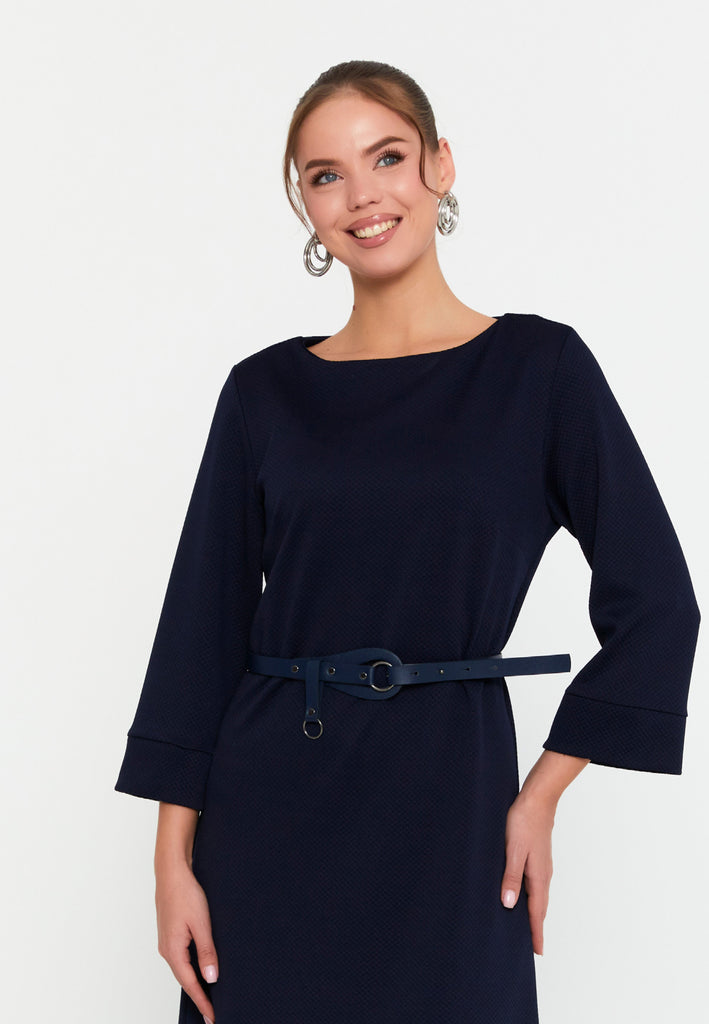 Bateau-Neck Belted A-Line Dress – 3/4 Cuffed Sleeves, Minimal Hardware Waist Belt & Effortless Office-to-After Hours Chic