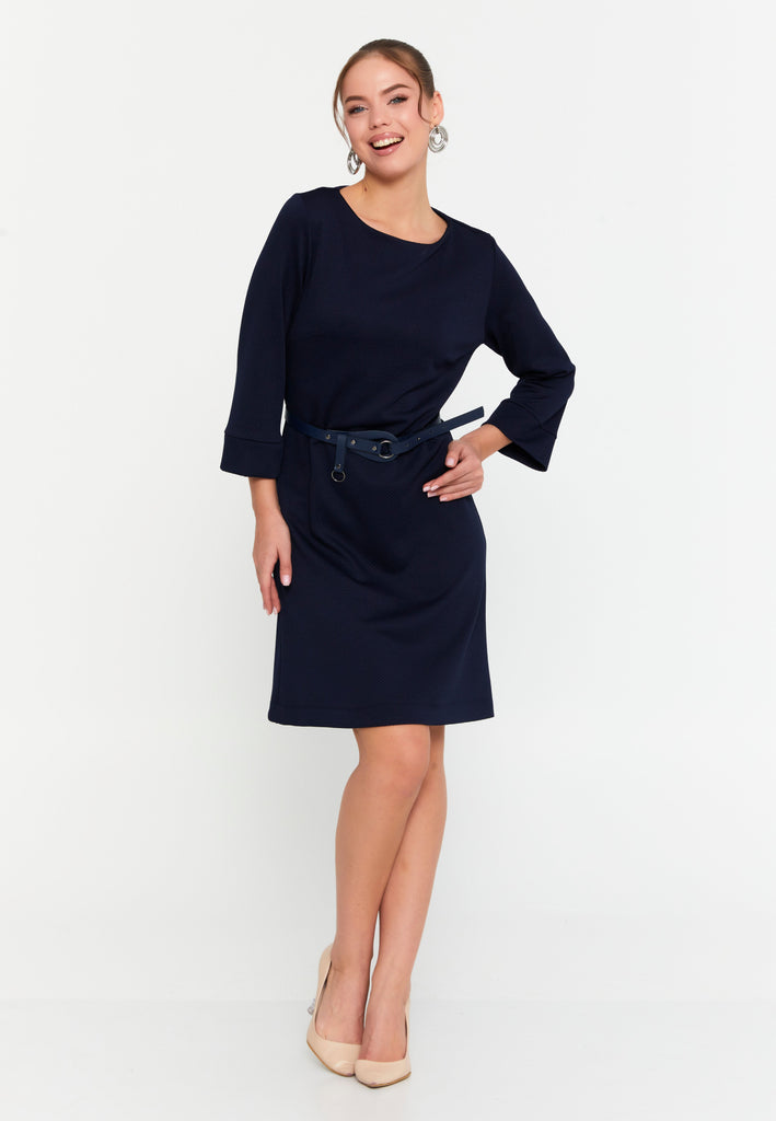 Bateau-Neck Belted A-Line Dress – 3/4 Cuffed Sleeves, Minimal Hardware Waist Belt & Effortless Office-to-After Hours Chic