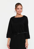 Bateau-Neck Belted A-Line Dress – 3/4 Cuffed Sleeves, Minimal Hardware Waist Belt & Effortless Office-to-After Hours Chic