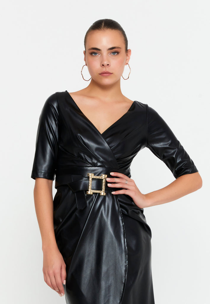 Mid-Length Faux Leather Column Casual Dress