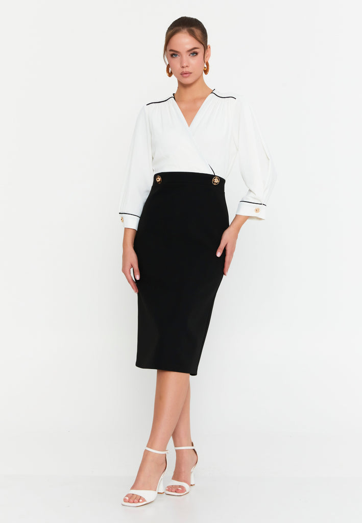 Faux-Two-Piece Wrap V-Neck Midi Dress – Contrast Piping Top, 3/4 Puff Sleeves & High-Waisted Pencil Skirt