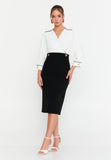 Faux-Two-Piece Wrap V-Neck Midi Dress – Contrast Piping Top, 3/4 Puff Sleeves & High-Waisted Pencil Skirt