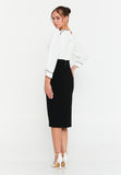 Faux-Two-Piece Wrap V-Neck Midi Dress – Contrast Piping Top, 3/4 Puff Sleeves & High-Waisted Pencil Skirt